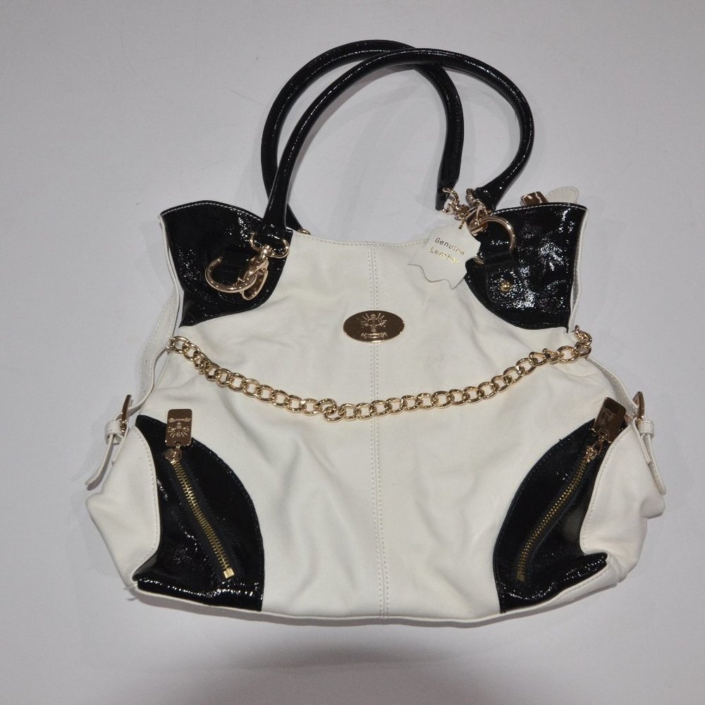 Christine Price Handbag Purse Gold Tone Hardware White & Black Genuine Leather